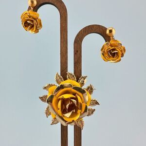 Vintage Flower Brooch Earrings Set Yellow Enamel Flower Gold Tone Cabbage Rose